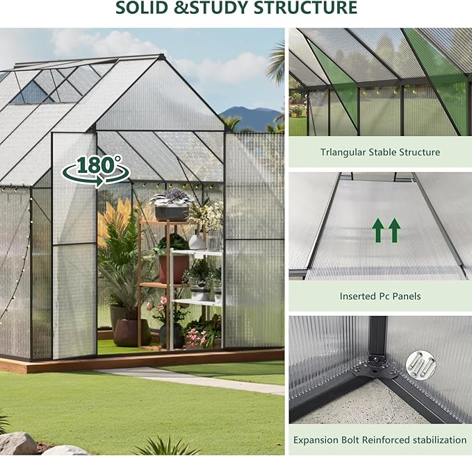 Green House for Outside Greenhouse for Outdoor Walk-in Garden Greenhouses Heavy Duty Polycarbonate Greenhouse Backyard Green Houses8x8
