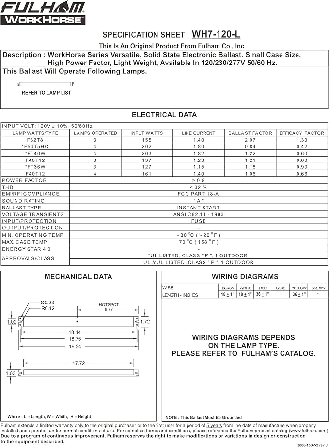 Fulham Lighting WH7-120-L Workhorse 7 Versatile Fluorescent Ballast 120V