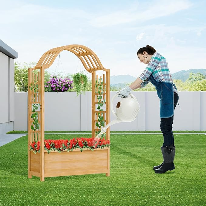 Raised Garden Bed with Trellis Freestanding Wood Planter Box w/Hanging Roof &amp Drainage Holes for Vine Climbing Plants Flowers Outdoor Planter with Trellis for Patio Balcony