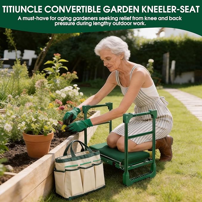 Garden Kneeler and Seat for Seniors: Heavy Duty 420 LBS Support Anti-Tip Multifunctional Gardening Stool Bench with Widened Thick Soft Kneeling Pad &ampTool Bag - Foldable for Gardeners
