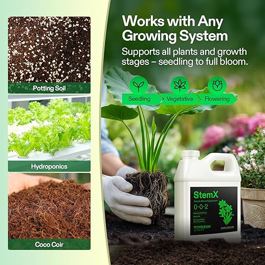 VIVOSUN StemX (0-0-2) Silica for Plants Soluble Liquid Silicon Plant Supplement Fertilizer Nutrient Solution for Strong Stems and Healthy Leaves Boost Resilience pH Balance 32 oz (Pack of 2)