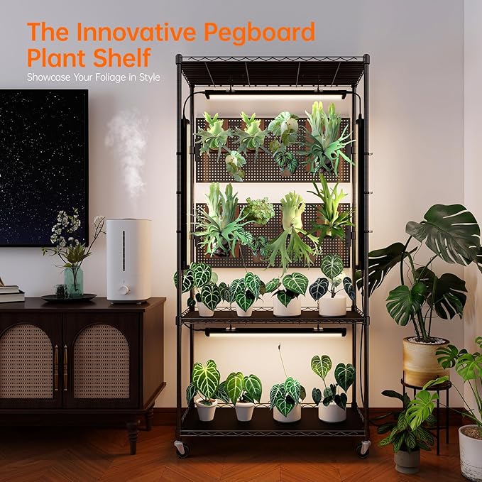 Bstrip Plant Cabinet with Pegboard 3 Tier Plant Shelf with Grow Light Metal Plant Stand with 4 Pack 96W Grow Lights for Indoor Plant Foliage Plants Seed Starting 29.5x13.8x59