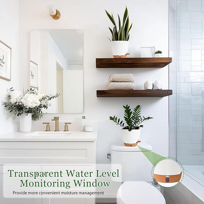 Self Watering Pots for Inoor Ourdoor Plants 10/9/8/7/6.5 Inch Plastic Planters with Drainage Holes &amp Water Level Indicator Decorative House Flower Nursery Planting Pots with Saucers ((White)