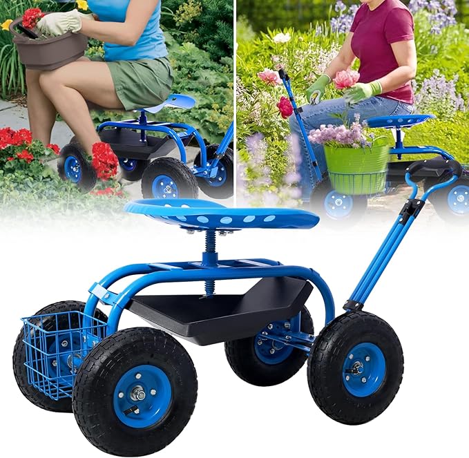 Donext Garden Cart Outdoor Rolling Garden with Wheels 360 Degree Swivel Seat Wagon Scooter with Steering Handle &amp Utility Tool Tray Blue