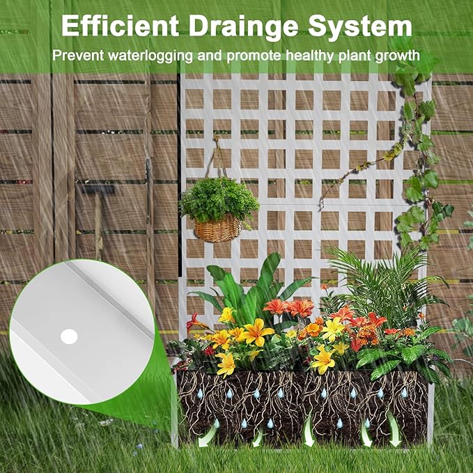 Metal Planter Box with Trellis Raised Garden Bed with Trellis 71x47x12 Planter Box with Privacy Screen and Drainage Holes for Climbing Plants Flower Privacy Planters for Patio White