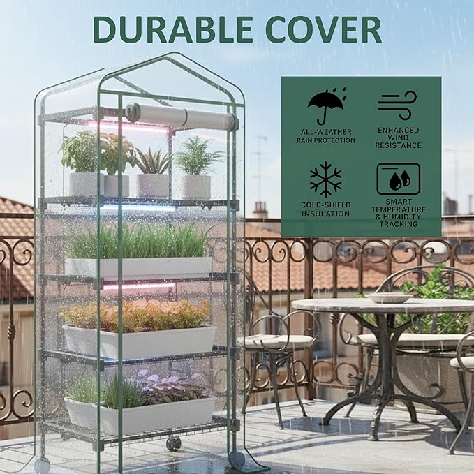 Mini Indoor Greenhouse with Grow Light - Portable Outdoor for Plants Green House Cabinet with Wheels Tent Cover 4 LED Lights with Dimmable 3 Color 36W 4 Tier Gardening Shelves