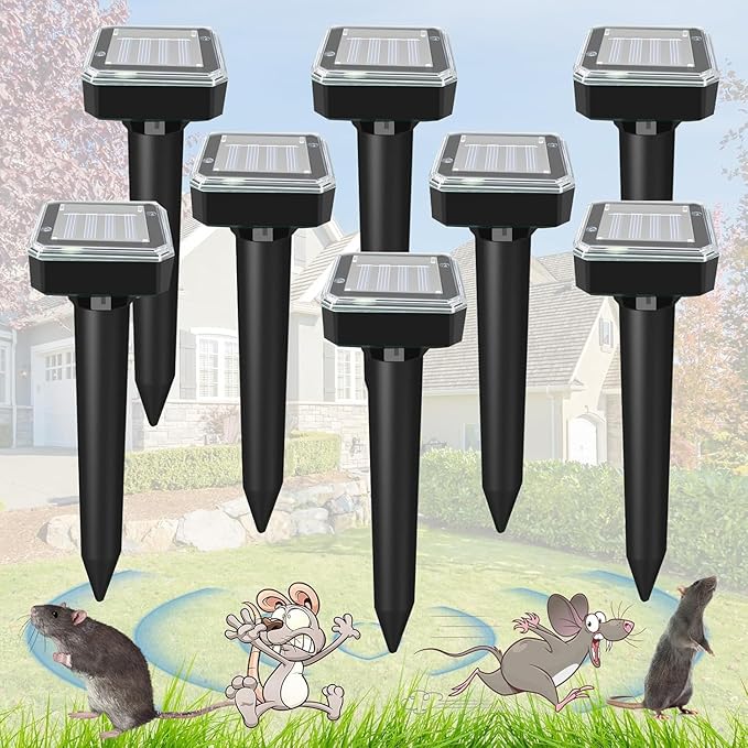 8 Pack Ultrasonic Mole RepellentSolar Powered Gopher Mole Repellent Stakes for ChipmunksSnakeGophersVolesWaterproof Sonic Moles Deterrent for Home GardenYard(8 Pack)