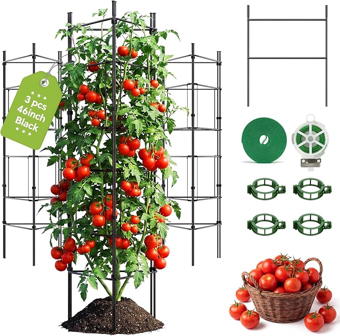 46 Inch Adjustable Metal Tomato Cage for Garden - 3 Pack Panel-Assembled Garden Trellis Flexible Shapes Plant Support Set Rustproof Stackable Trellis for Climbing Plants Outdoor Raised Bed Flowers