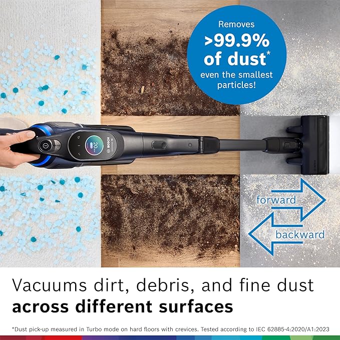 Bosch Unlimited 10 Cordless Stick Vacuum Cleaner - Up to 80 Min Battery Fast Charger Pet Hair Hard Floors and Carpets HEPA Filter MicroClean Brush Bendable Tube 6 Accessories Black