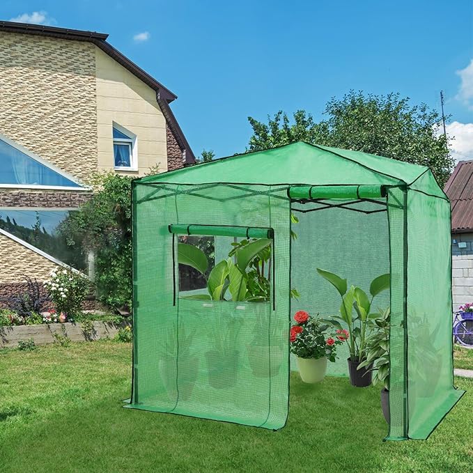 EAGLE PEAK Replacement Cover for 8x6 Portable Walk-in Pop up Greenhouse Front Roll-Up Zipper Entry Door and 2 Large Roll-Up Side Windows (Frame Not Included) Green