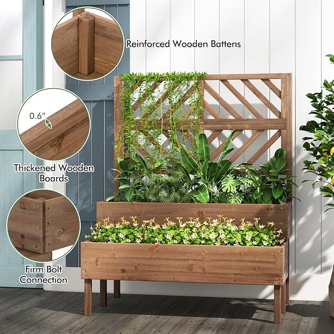 LDAILY Raised Garden Bed with Trellis &amp 2 Planter Boxes 2-Tier Wooden Raised Bed with Bottom Elevated Legs &amp 10 Drainage Holes Gardening Planter Box for Flowers/Vegetables/Fruits in Backyar