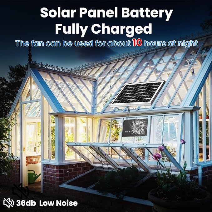 Solar Fan with Battery 15000 mAh and Timer - 25W Powered Exhaust Fan High Wind Speed Rainproof for Outdoor Greenhouse Chicken Coop Doghouses Shed Vent Windows