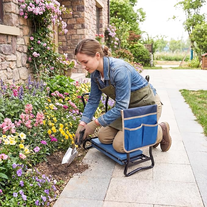 Goplus Garden Kneeler and Seat Heavy-Duty Garden Bench w/Large Tool Pouch Widen EVA Foam Kneeling Pad Portable Gardening Helper for Women Men Seniors Foldable Garden Stool for Kneeling &amp Sitti