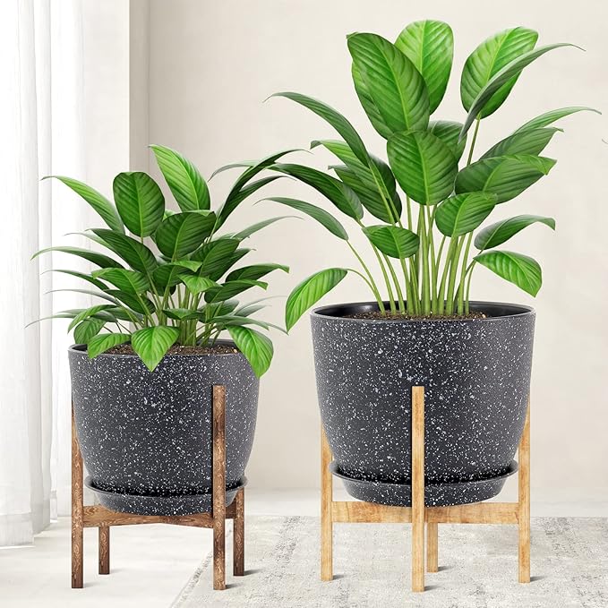 12/10/9 Large Modern Plant Pots Plastic Planters with Drainage Holes and Saucers for Indoor Outdoor Plants Flowers Black Speckles