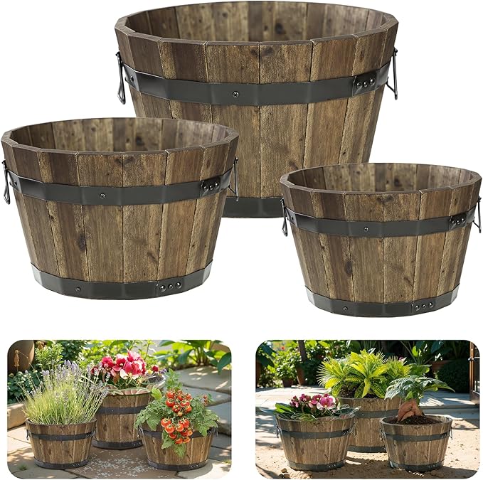 Idzo Set of 3 Wooden Flower Planters for Outdoor Plants Acacia Wood Barrel Planters Ergonomic Handles Drainage Holes Various Sizes Walnut