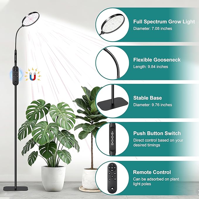 Grow Light for Indoor Plants Full Spectrum Floor Standing Plant Light Remote Control &amp 4/8/12/18H Timer 3 Modes 10 Dimmable Levels Stable Base for Tall Plants Succulents Herbs Black
