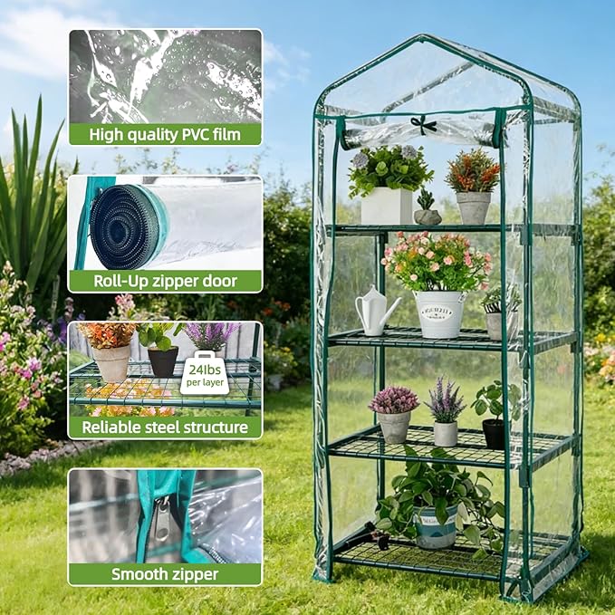 Mini Greenhouse for Indoor Outdoor Small Plants Green House with 4 Tier Shelves Portable Plastic Greenhouses with Transparent PVC Cover for Garden Backyard Patio Balcony Porch