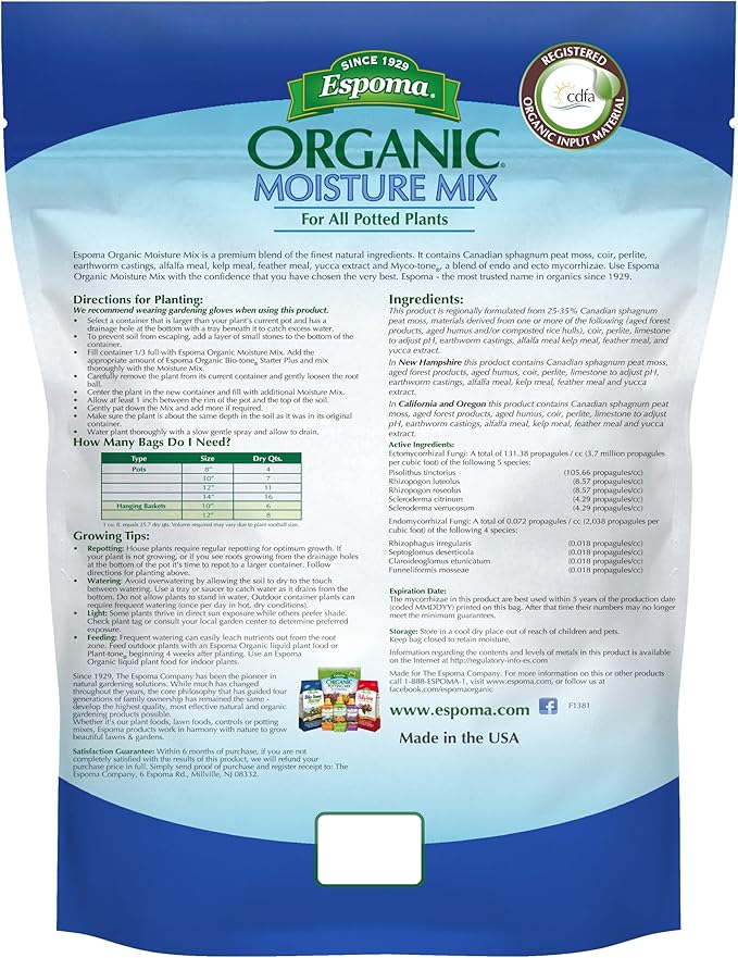 Espoma Organic Moisture Mix Potting Soil - All Natural Potting Mix for All Indoor &amp Outdoor Containers for Organic Gardening 8 qt. Bag. Pack of 2