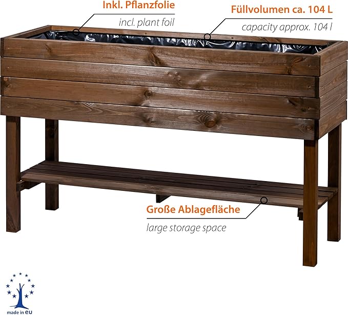 dobar® Large Raised Bed Solid Wood with Shelf Including Plant Film - Raised Planter 100 L - 117 x 40 x 80 cm - Dark Brown