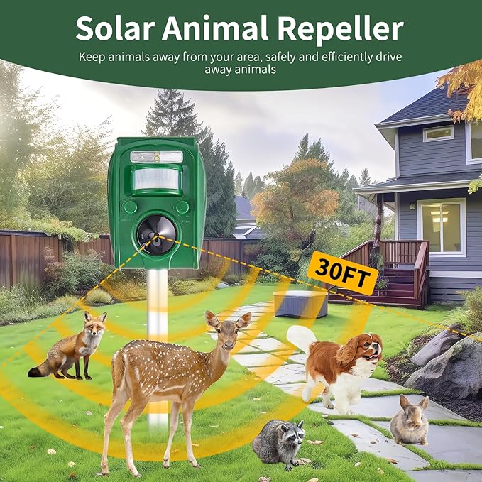 Upgraded Solar Ultrasonic Squirrel Deer Repellent Devices Motion Detection 5 Adjustable Modes Cat Raccoon Rabbit Dog Deterrent Animal Repellent with Waterproof for Yard 1P Olive