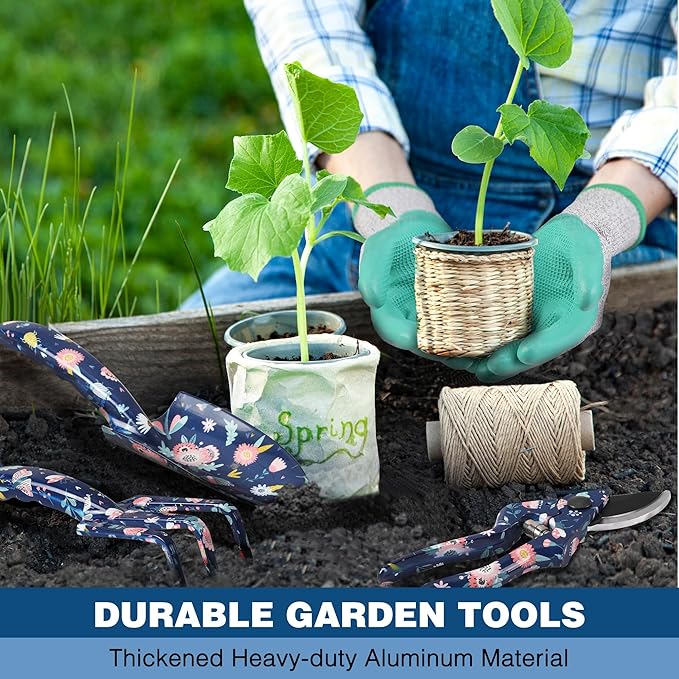 WORKPRO 5PCS Garden Tool Set Aluminum Heavy Duty Gardening Tool Set with Garden Tool Bag Outdoor Garden Hand Tools Blue Insect and Flower