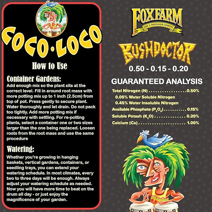 FoxFarm Bush Doctor Coco Loco Potting Mix 2cu ft - Extends Your Watering Schedule Triple-Washed to Reduce Salt Content - Perfect for Cultivating Vigorous Plants