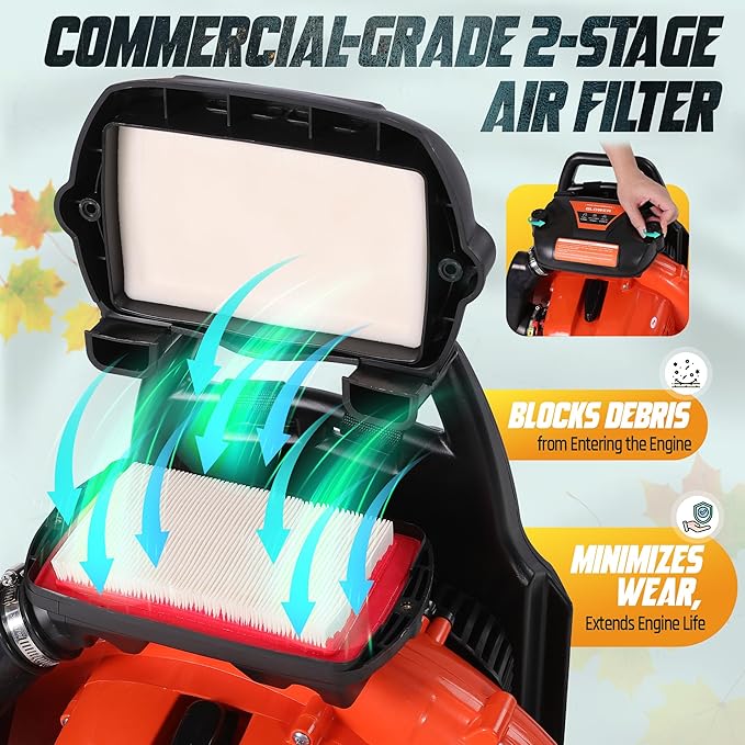 75.6cc 2-Cycle Backpack Leaf Blower Gas Powered 912CFM 206MPH 6.0HP Gas Leaf Blower w/2-Stage Air Filter Cruise Control Commercial Gasoline Blower for Lawn Care Yard Cleaning (Orange)
