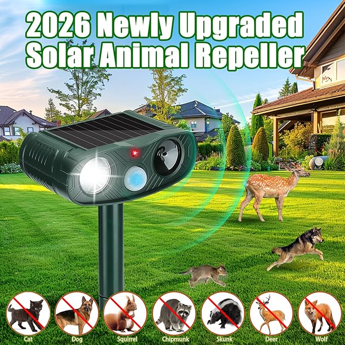 4-Pack Ultrasonic Animal Repeller Outdoor-Solar Powered Bear Repellent with Motion Detection&ampLED Flash-Effective Deterrent for CatRabbitGooseDear&ampDog-Waterproof for Garden &amp Yard