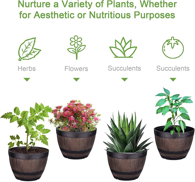 VECELO Plant Pots with Drainage Holes &amp Saucer 11.3 Inch Flower Pots with Tray 4 Pack Plastic Whiskey Barrel Planters for Indoor &amp Outdoor Garden Home Plants and Flowers