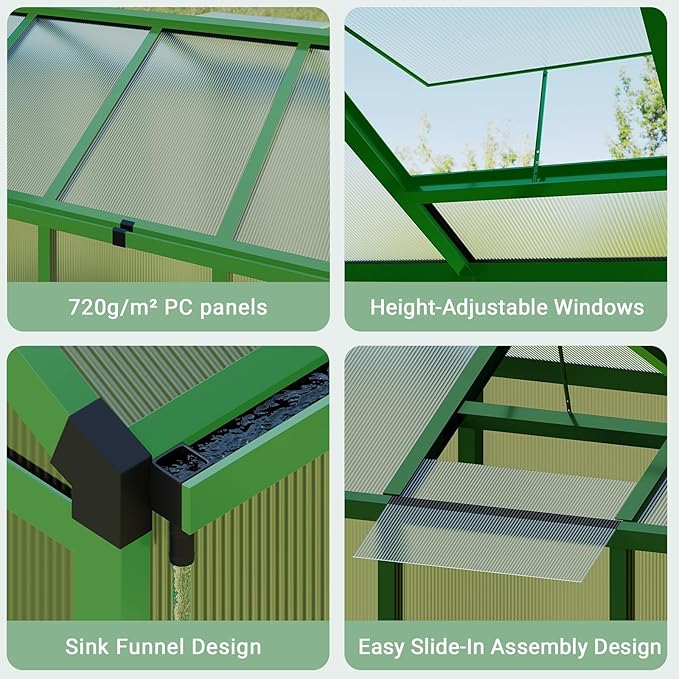 6X8 FT Greenhouse for Outdoors Walk-in Greenhouse Kit with Aluminum Frame Polycarbonate Panels Adjustable Roof Vent Sliding Door Secure Lock for Outside Garden Patio Backyard