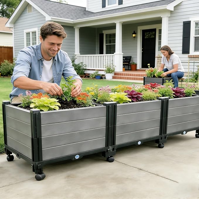 3-Pack Elevated Raised Garden Beds Outdoor with Wheels Sturdy Plastic Planter Boxes with Drainage for Patio Balcony Lawn &amp Backyard Gardening