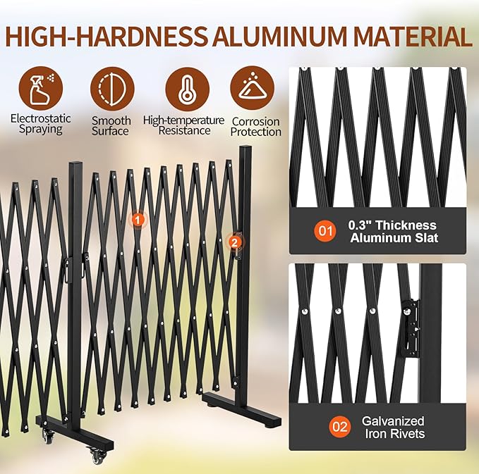 TECSPACE Aluminum Expandable Garden Fence Portable Barricade Gate with Casters Expansion Size 201×15.2×40.6 inches Adjustable Flexible Fence Mobile Barricade Safety Barrier