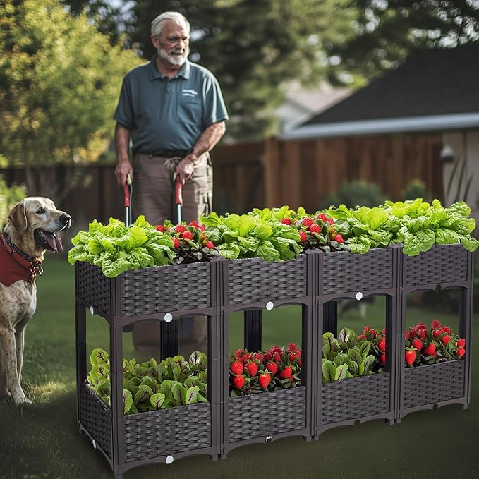 Outdoor Planting Box Double-Layer Planting Bed Garden Bed with Flower Rack for Growing Flowers Vegetables Tomatoes and Herbs – Perfect for Garden Patio Balcony (Double Brown Large)