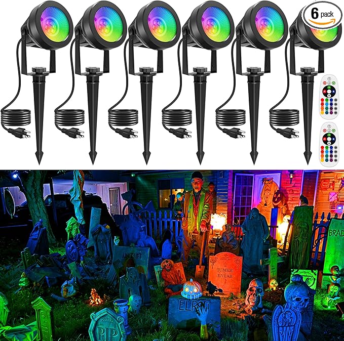 RGB Spot Lights Outdoor Color Changing Landscape Lighting Waterproof Spotlight with US Plug for Yard Tree Garden Path House Halloween Christmas Decoration (6 Pack)