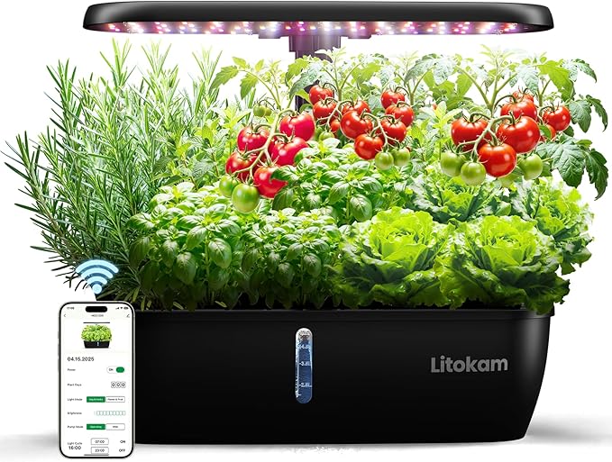 litokam Hydroponics Growing System Kit 15 Pods Indoor Herb Garden with Smart APP &amp Quiet Pump 24W LED Light Auto Timer Perfect Indoor Garden for Herbs Vegetables &amp Flowers Ideal for Plan