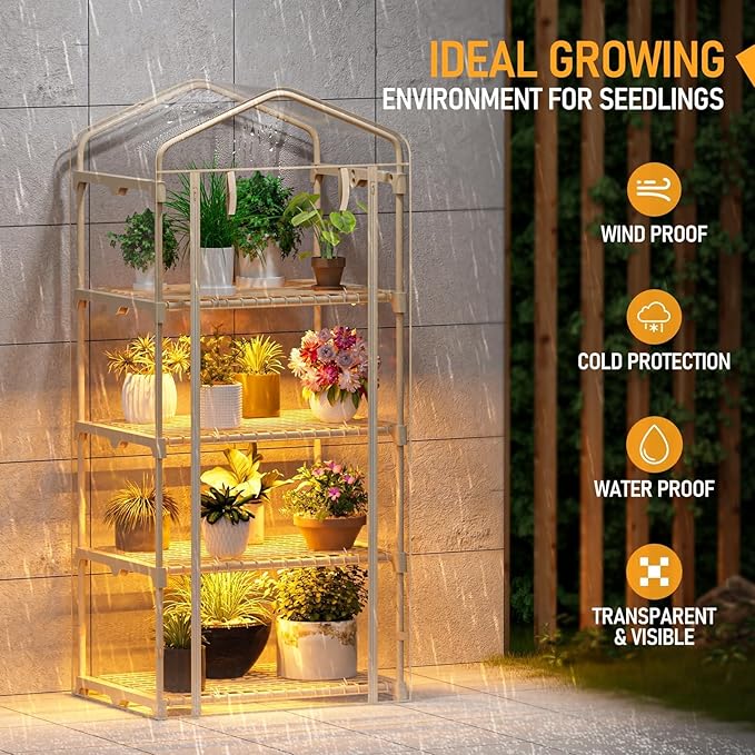 SPECILITE Indoor Greenhouse with Grow Lights - Adjustable 4 Tiers 27.6L×19.3W×61.4H Mini Greenhouse with Zip PVC Cover and 45W Plant Light Portable Green House with Timer for Winter &ampIndoor Pl