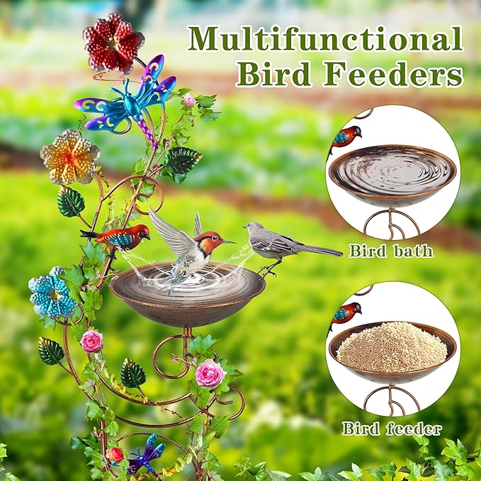 57” Bird Bath with Garden Trellis for Climbing Plants Outdoor Small Decorative Trellises Metal Birdbath Bird Baths 1 Piece (Dragonfly)