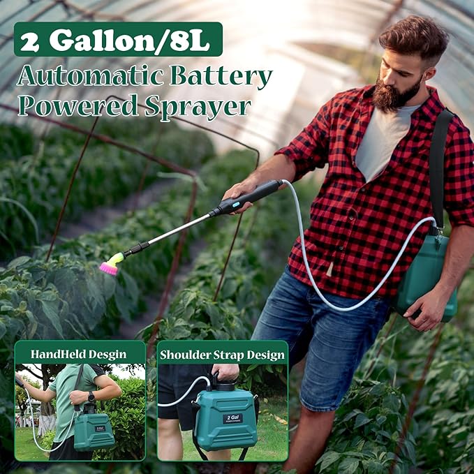 Battery Powered Sprayer 2 Gallon Powerful Electric Garden Sprayer with 3 Mist Nozzles USB Rechargeable Handle Retractable Wand and Adjustable Shoulder Strap for Irrigation Weeding(Green)