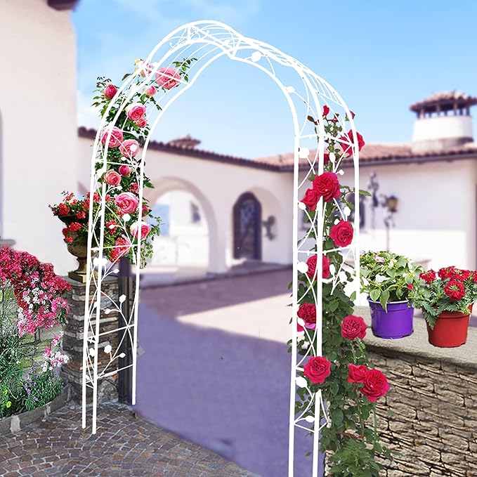 Metal Garden Arch Assemble Freely Garden Trellis Climbing Support Rose Arch Outdoor Arch Wedding Arch Party Events Archway (White)