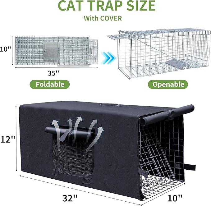 Live Animal Trap Cage with Cover Cat Trap for Stray Cats 32 Inch Heavy Duty Folding Skunk Traps with Real Door for Raccoons Opossums Groundhogs Skunks Feral Cats Squirrels-(32 x 10 x 12 inches)