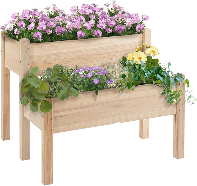 34x34x28 Raised Garden Bed 2-Tier Elevated Wood Planter Box for Backyard Patio to Grow Vegetables Herbs and Flowers Natural
