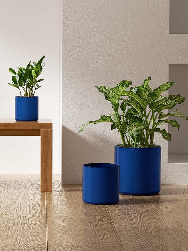 LE TAUCI Ceramic Pots for Plants 10/8/6 Inch Indoor Planters with Draiange Hole Silicone Plug &amp Mesh Pad Modern Minimalist Pots for Home Office Set of 3 Glossy Midnight Blue