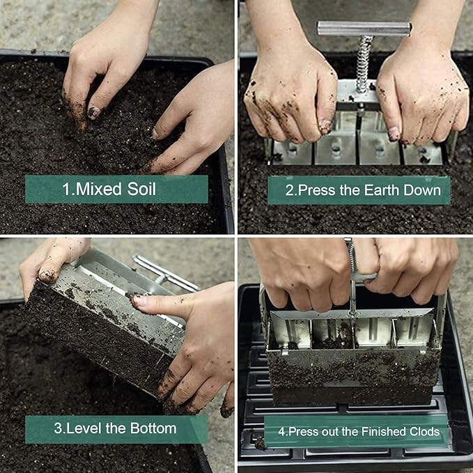 Manual Quad Soil Blocker 4 Cell Soil Block Maker with Comfortable Handle 2 Inch Seed Block Makers Hand Held Soil Block for Seedlings Cuttings Greenhouses Outdoor Plants