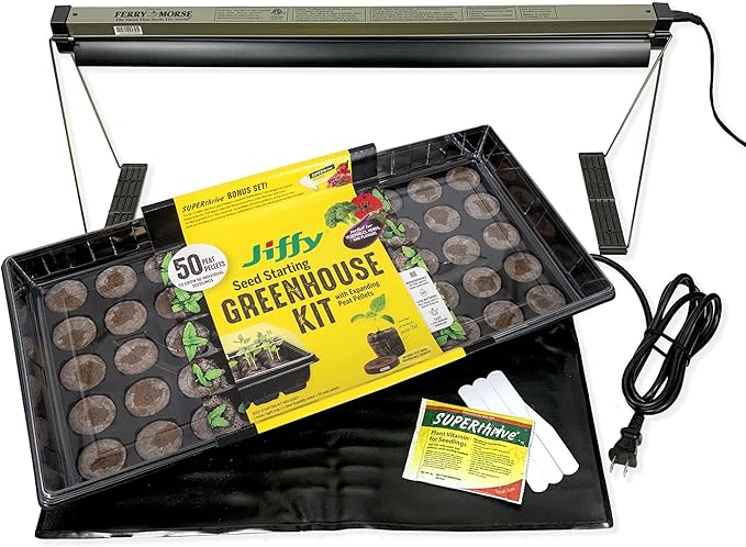 Ferry Morse Your Complete Indoor Seed Starting Kit Including Heat Mat T5 Grow Light Fixture with 50 Cell 42mm Greenhouse