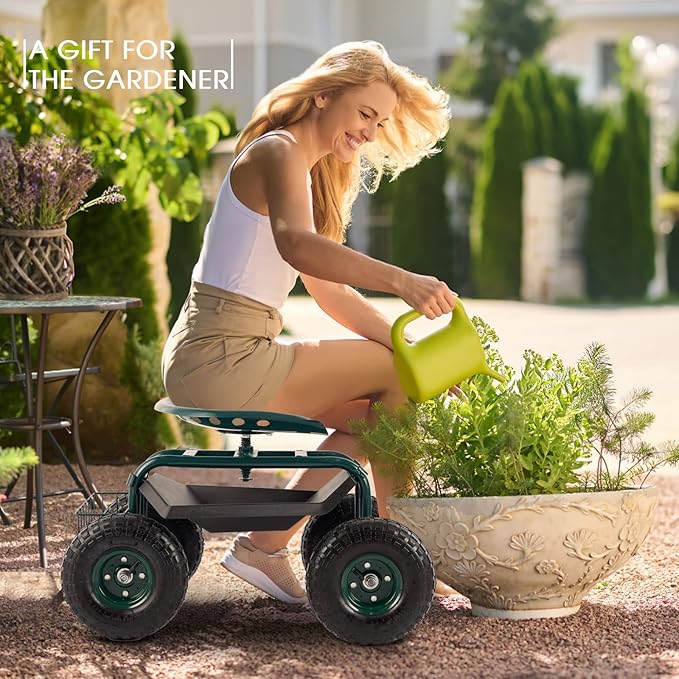 Garden Cart with Workseat Outdoor Gardening Carts with Seat Heavy Duty Rolling Garden Stools Scooter with Handle and Storage for Seniors Green