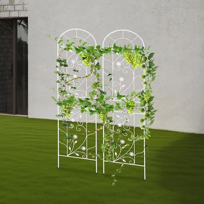 2 Pack Metal Garden Trellis for Climbing Plants 82.6”Tall Outdoor Iron Plant Stand for Vine Flowers Rustproof Green Decorative Fence for Yard Patio Lawn (White)