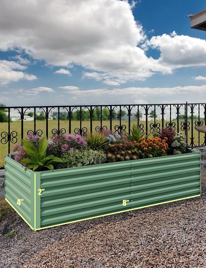 IDEALHOUSE 8x4x2 Ft Galvanized Metal Raised Garden Bed 24-Inch Tall Heavy Duty Planter Box for Vegetables Herbs &amp Flowers Rust-Resistant Outdoor Gardening Bed Green