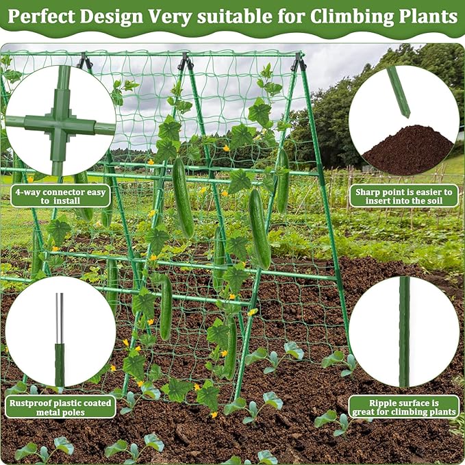 Cucumber Trellis for Raised Bed 50x 54 inch A-Frame Garden Trellis for Climbing Plants Outdoor Metal Arch Trellis with Netting Vegetables Trellis for Grape Pea Bean