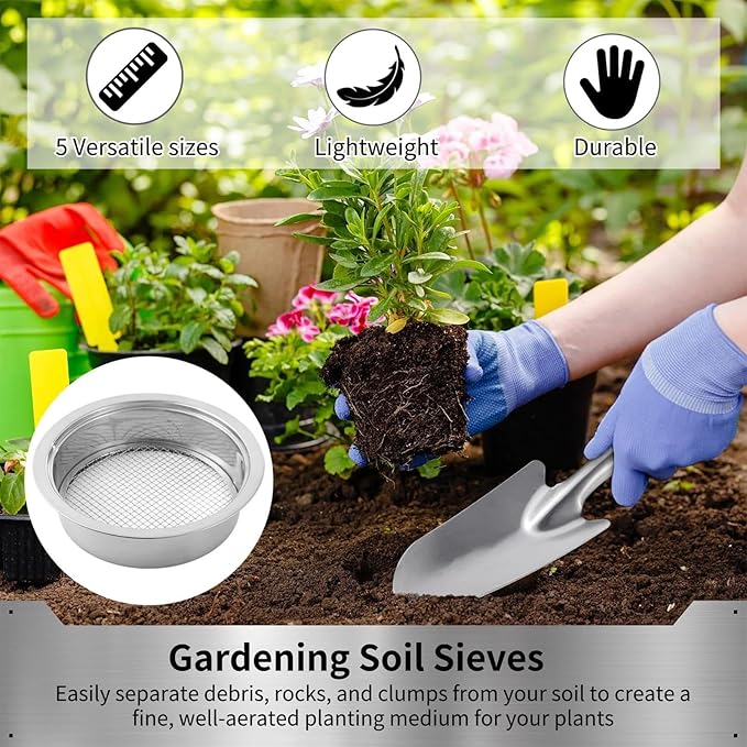 Stainless Soil Sieve Set – 5 Interchangeable Mesh 1 3 6 9 12mm Screens with Shovel | Garden Potted Plant Sifting Tool for Sand Compost Potting Mix Preparation Use