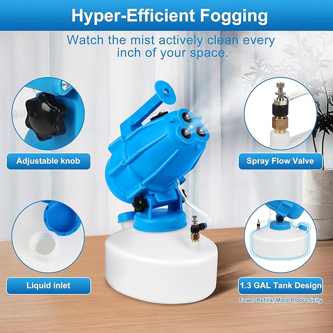 5L (1.3 Gallon) Electric ULV Fogger Sprayer Machine with 3 Nozzles Portable Cold Fogger with Adjustable Flow Rate 30ft Spraying Distance for Home School Hotel Church Garden Yard